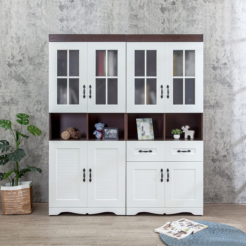 南亞塑鋼-鄉村歐風5.3尺格子窗線板造型書櫃/展示櫃/收納置物櫃組合