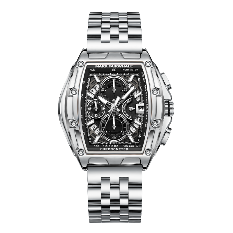 【Mark Fairwhale 馬克菲爾】FW-5080-S 酒桶款 三眼計時 帶日期 不鏽鋼 夜光 手錶