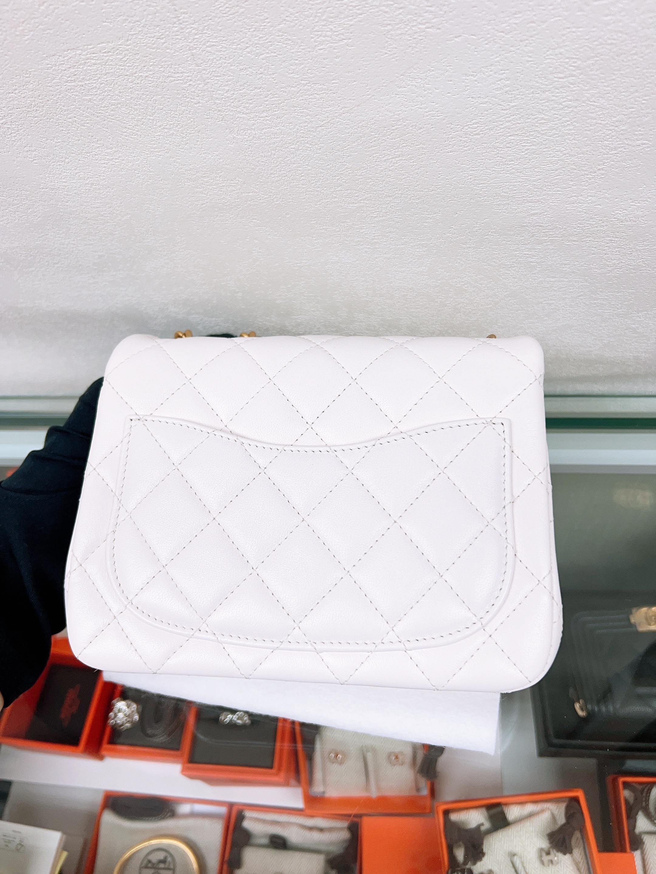 *Unused* Chanel mini square with camellia chain (white GHW)