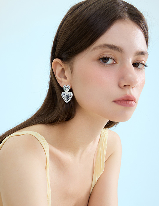熱戀雙層愛心。銀針耳環