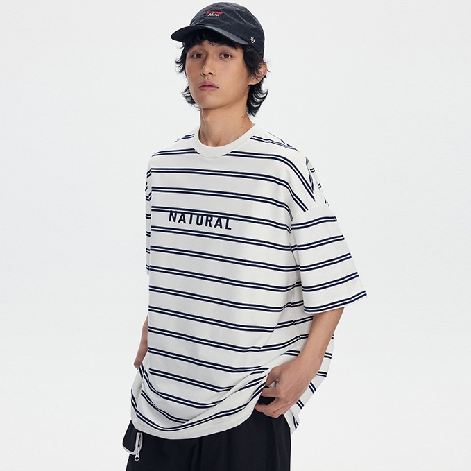 6M08 日系雙條紋印花短棉TEE 一色
