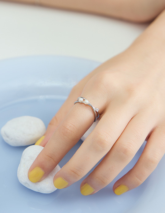 【925純銀】珍珠浪花可調式戒指