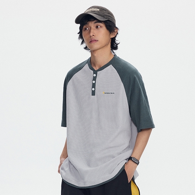 6M06 日系潮牌拼色落肩短棉TEE 兩色