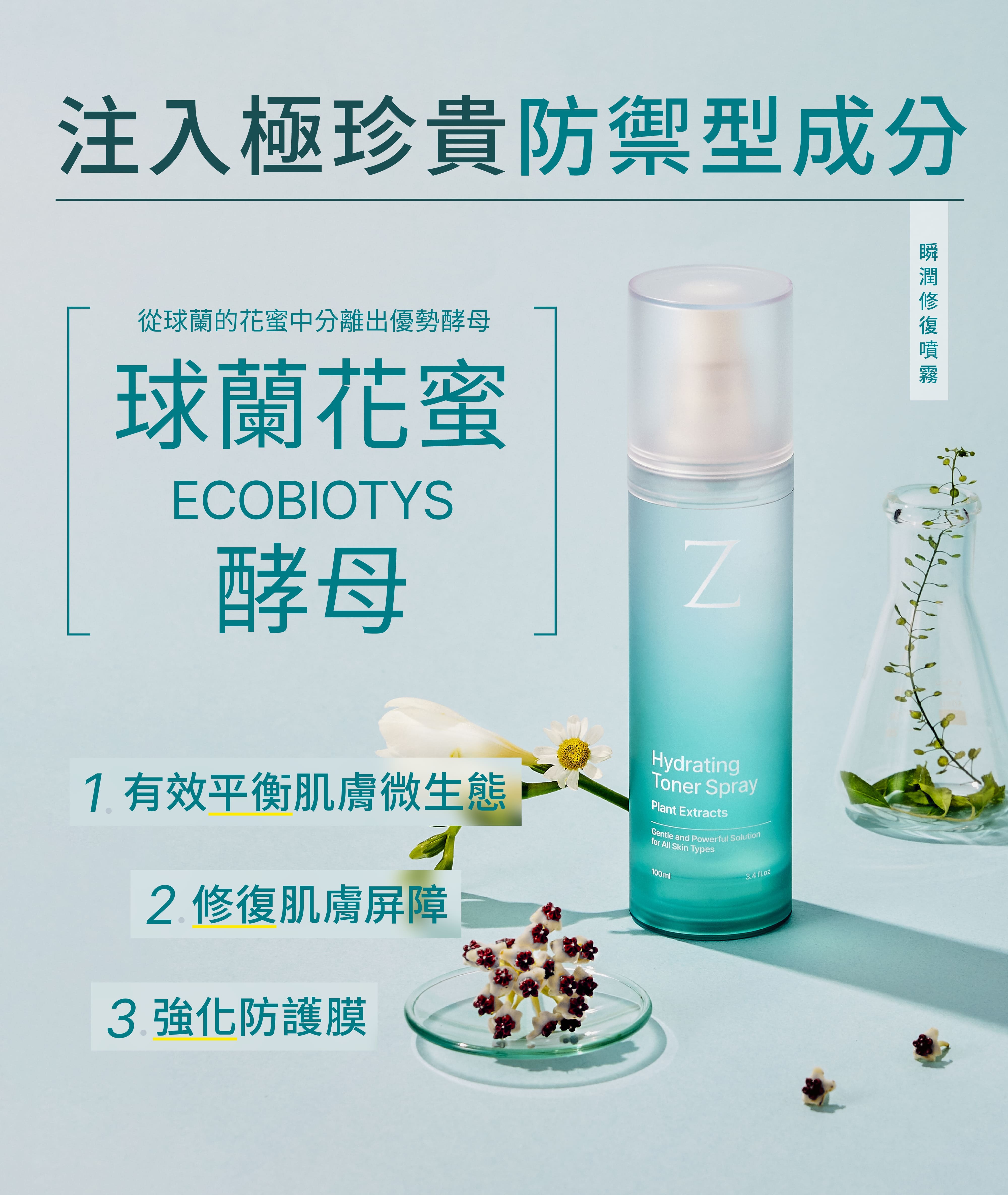 Z研保濕噴霧，含球蘭花蜜酵母，提升肌膚菌叢平衡，維持屏障健康