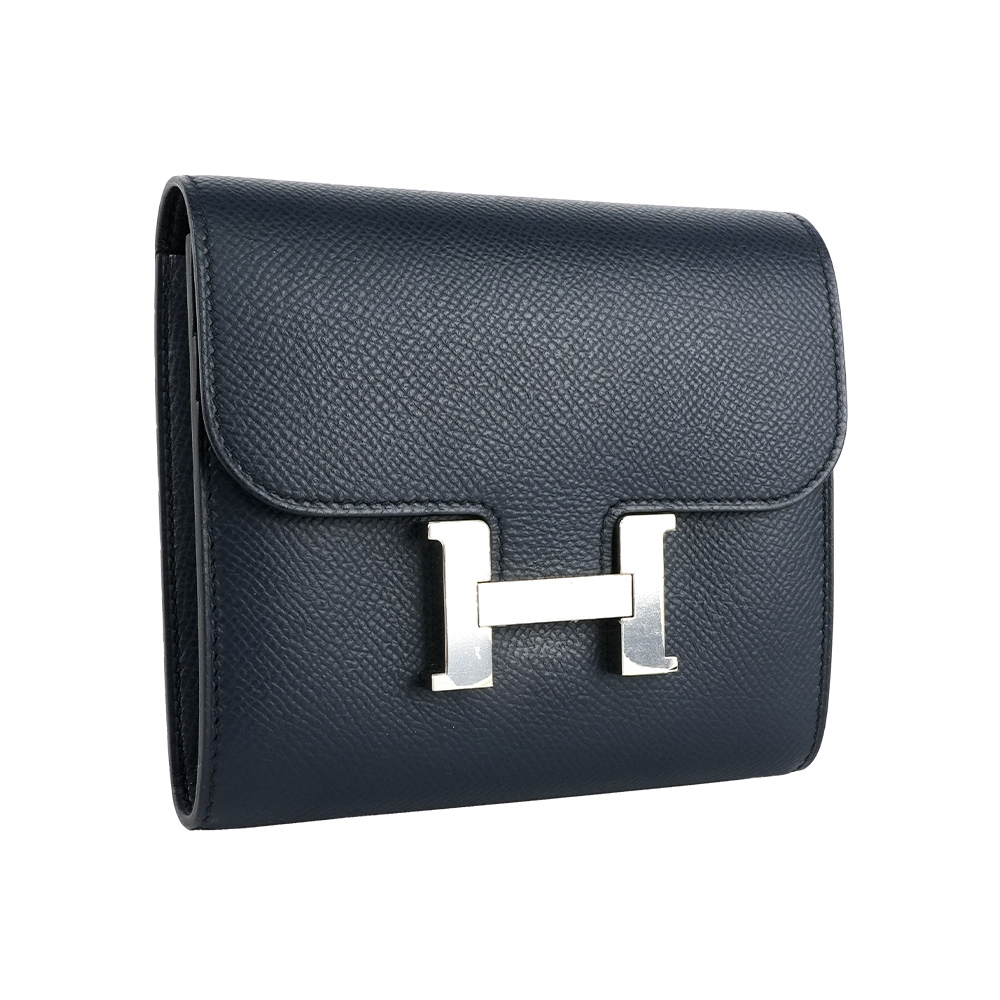 【Hermès】銀釦 Epsom皮 Constance 二折短夾(深藍色)