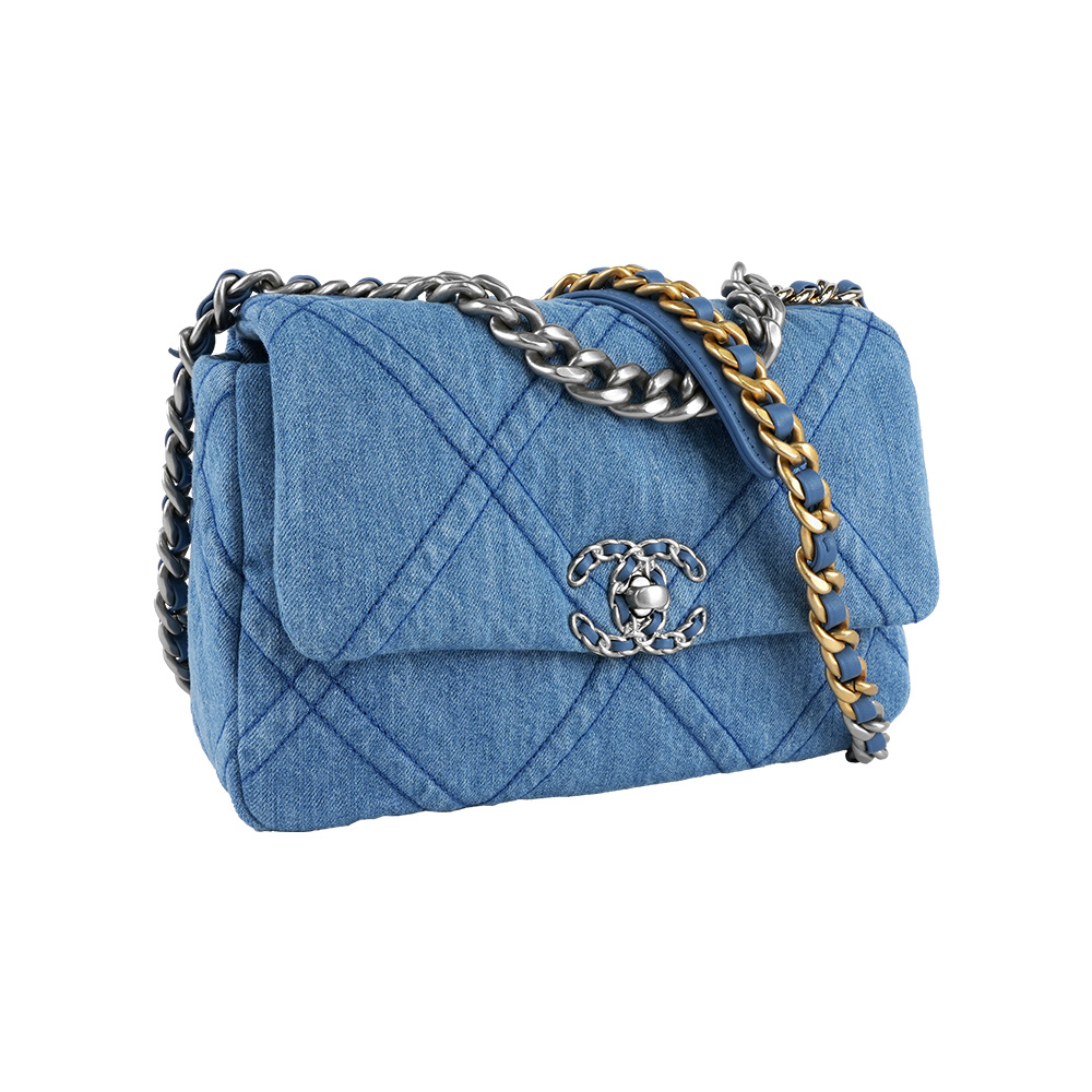 【CHANEL】22P Chanel 19銀色CC Logo 布質菱格紋口蓋包(牛仔藍)