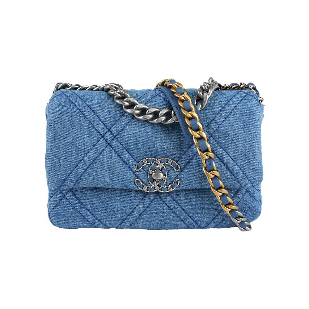 【CHANEL】22P Chanel 19銀色CC Logo 布質菱格紋口蓋包(牛仔藍)