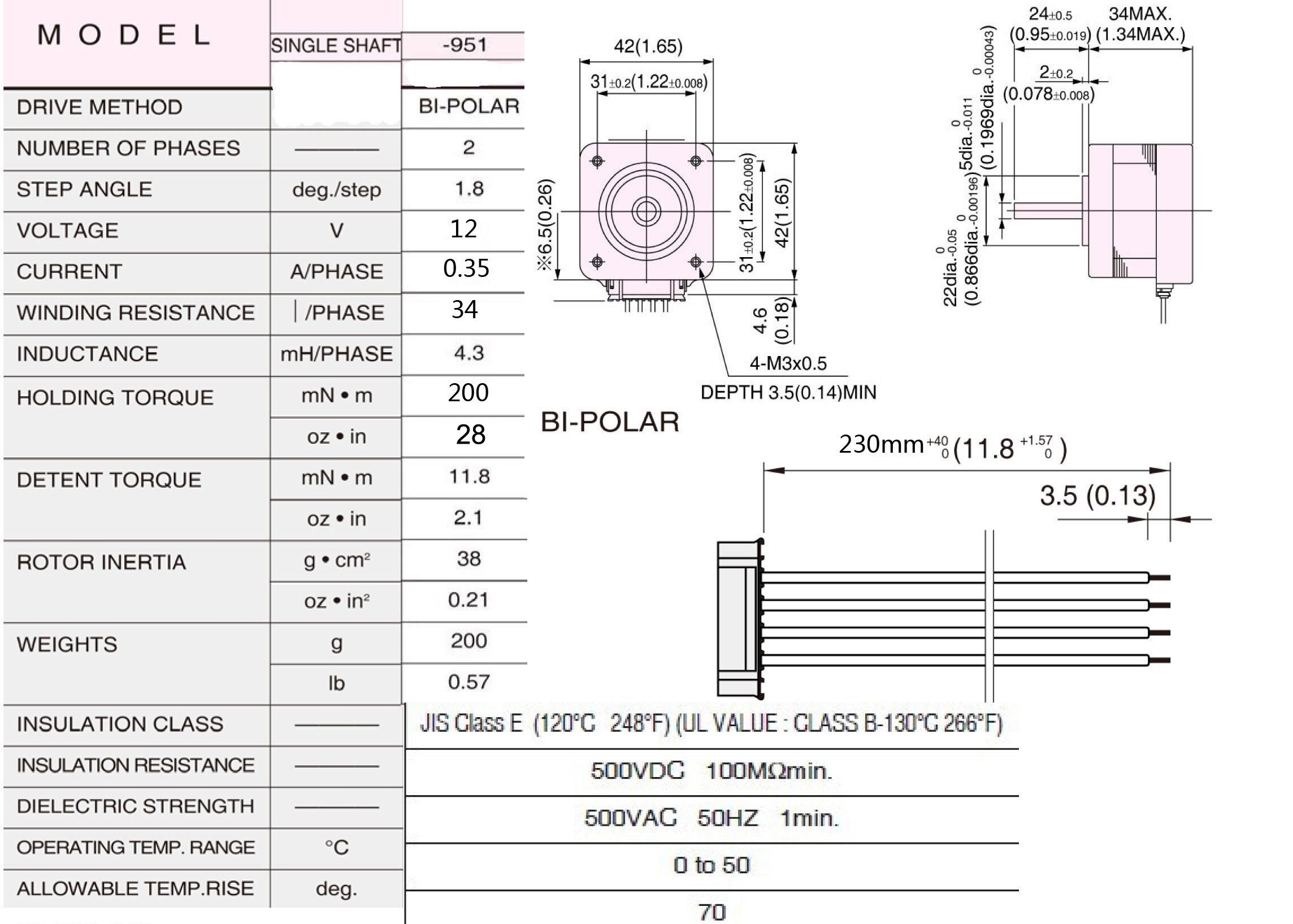 步進馬達-200 steps/rev,12V 350mA,規格