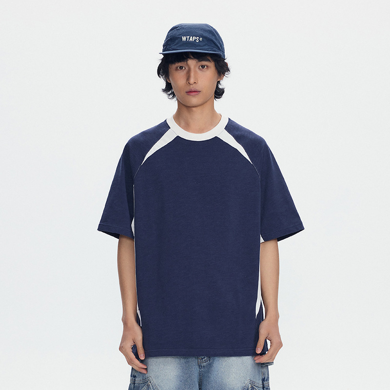 6M03 美式撞色拼接色塊短棉TEE 兩色