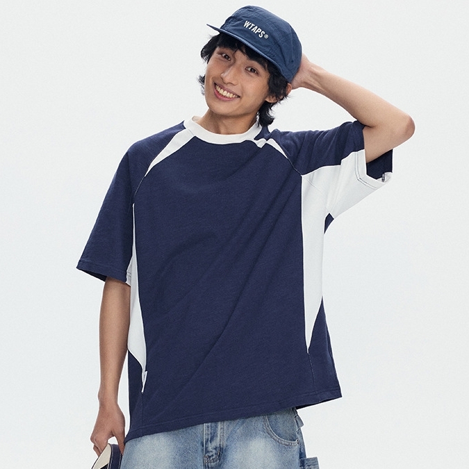 6M03 美式撞色拼接色塊短棉TEE 兩色