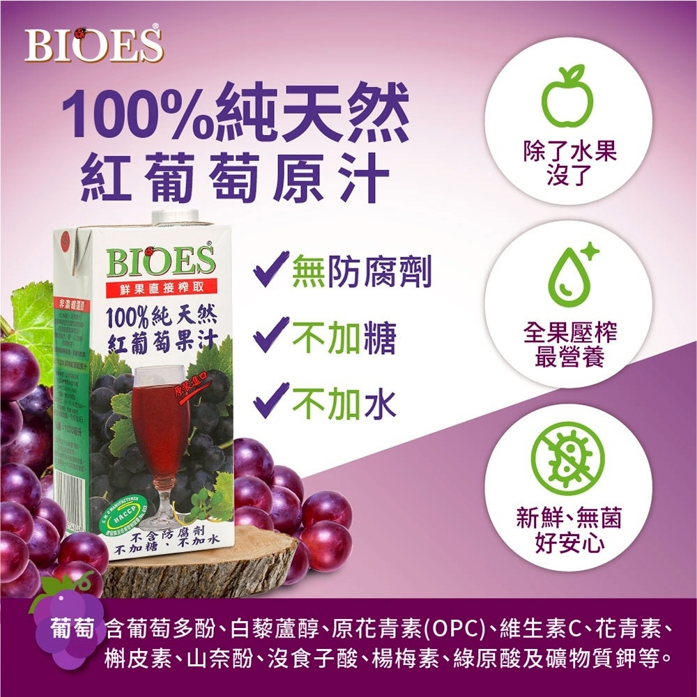 (箱購) 【囍瑞 BIOES】純天然100%紅葡萄汁原汁_1000mlx12瓶/箱