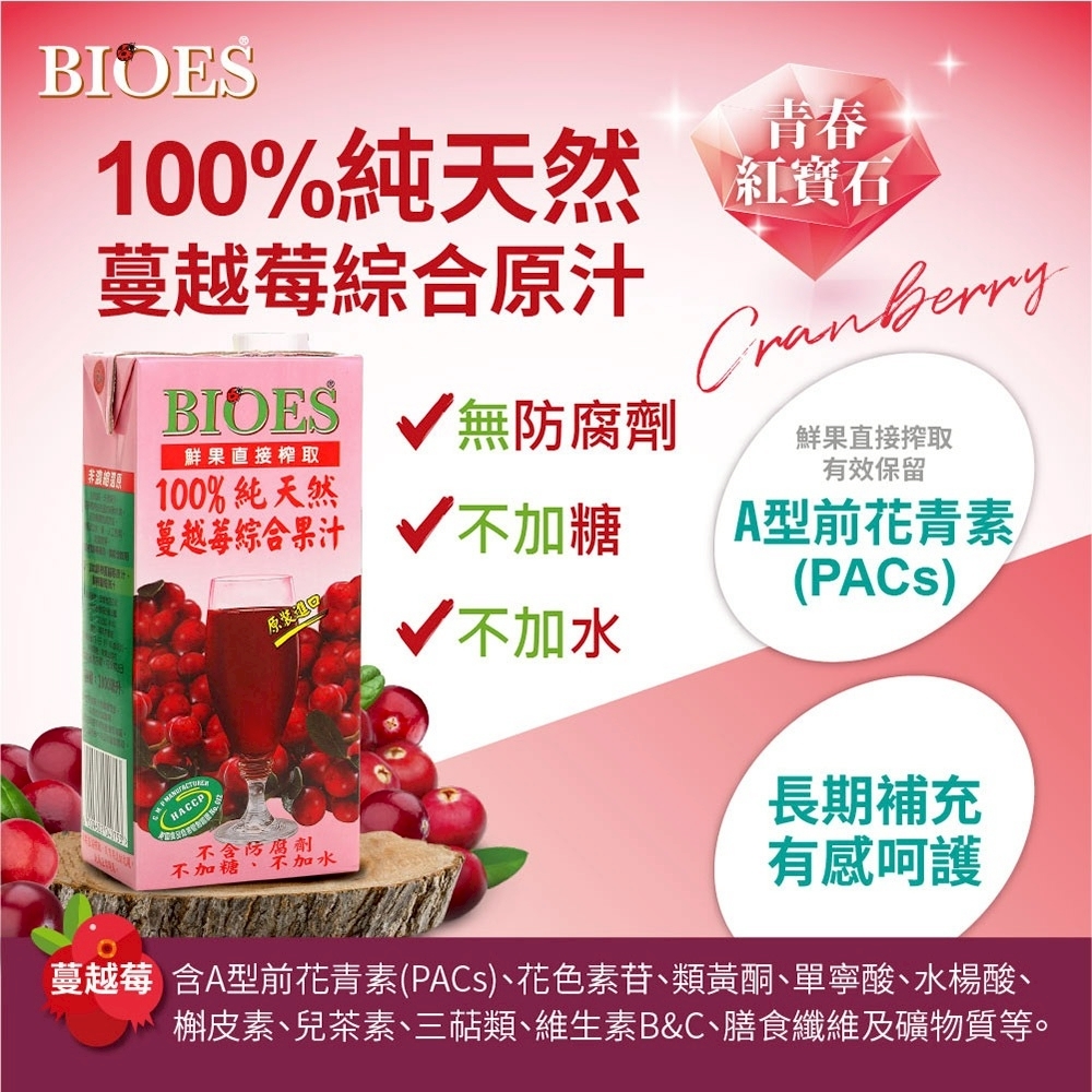 (箱購) 【囍瑞 BIOES】純天然100%蔓越莓綜合果汁原汁_1000mlx12瓶/箱