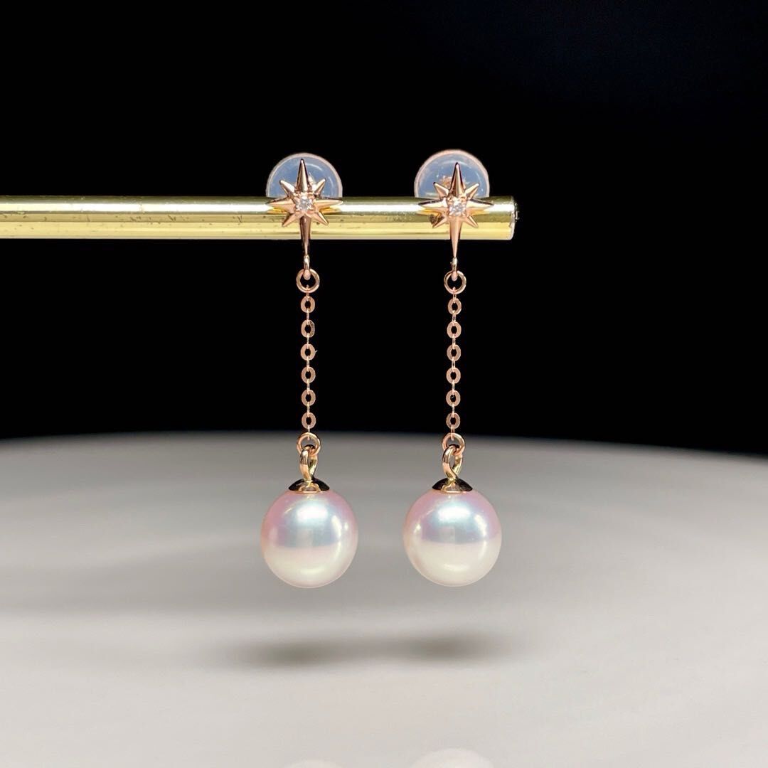 18K玫瑰金天然鑽石珍珠耳環