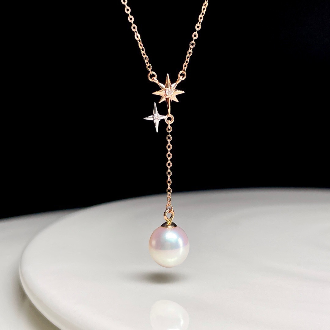 18K玫瑰金天然鑽石珍珠頸鏈