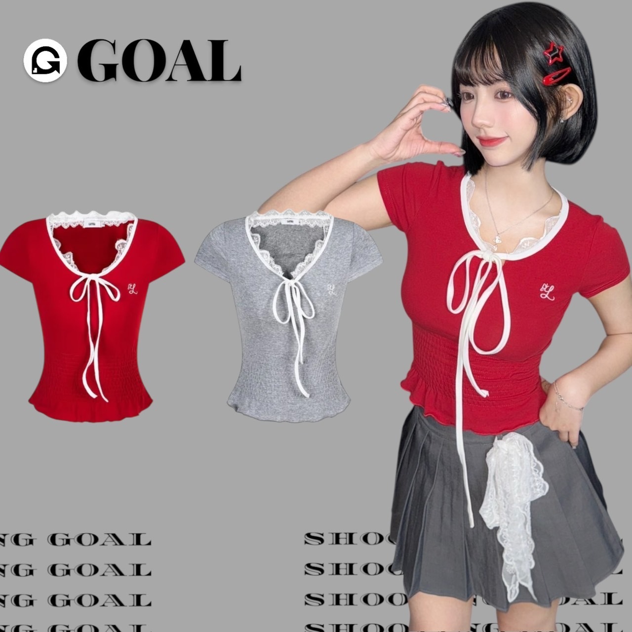 (GOAL) 拼接蕾絲 假兩件上衣 綁帶設計  女生上衣 TX253