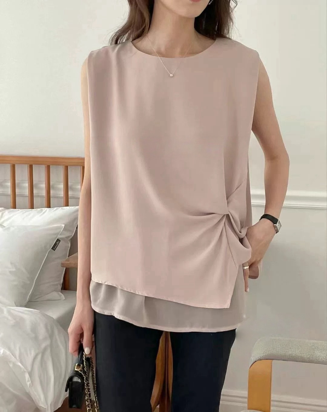 1820 正韓單邊抓皺雙層雪紡背心