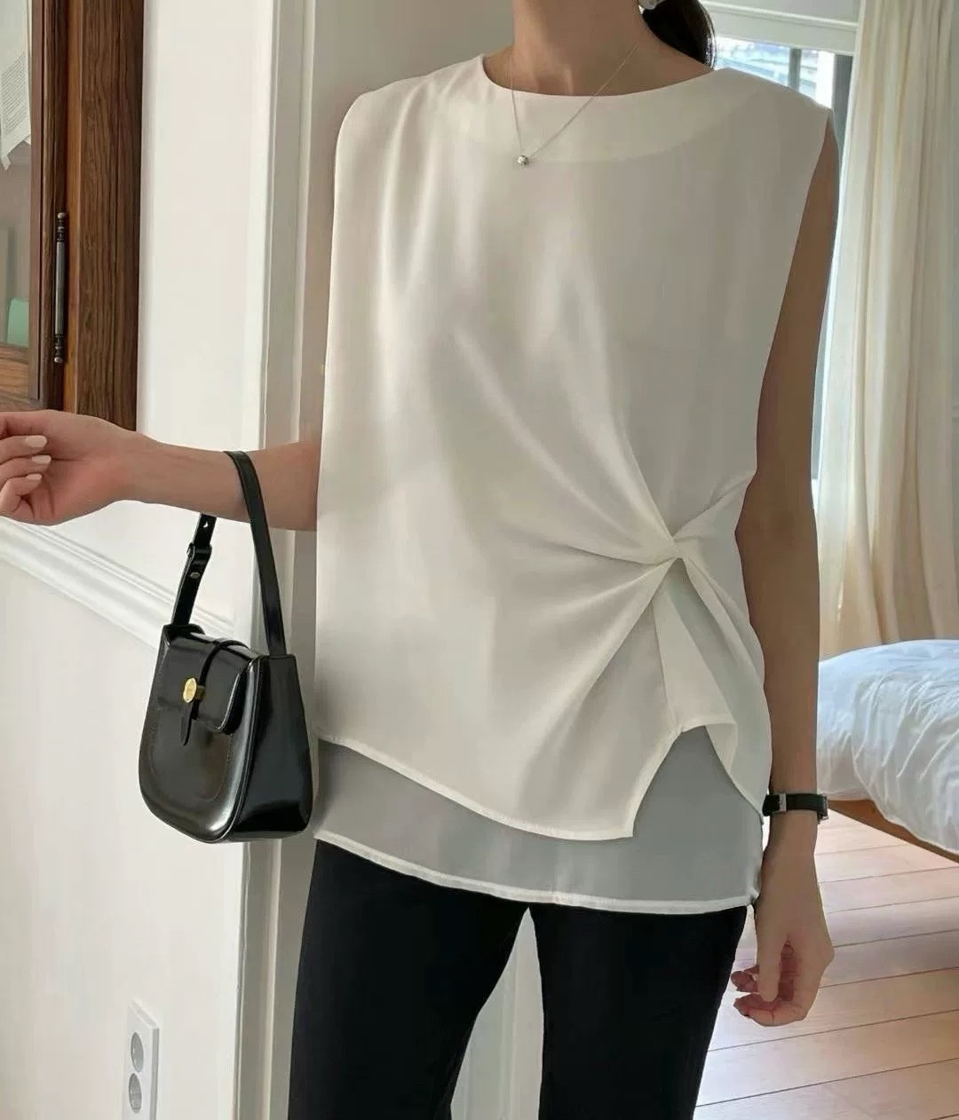 1820 正韓單邊抓皺雙層雪紡背心