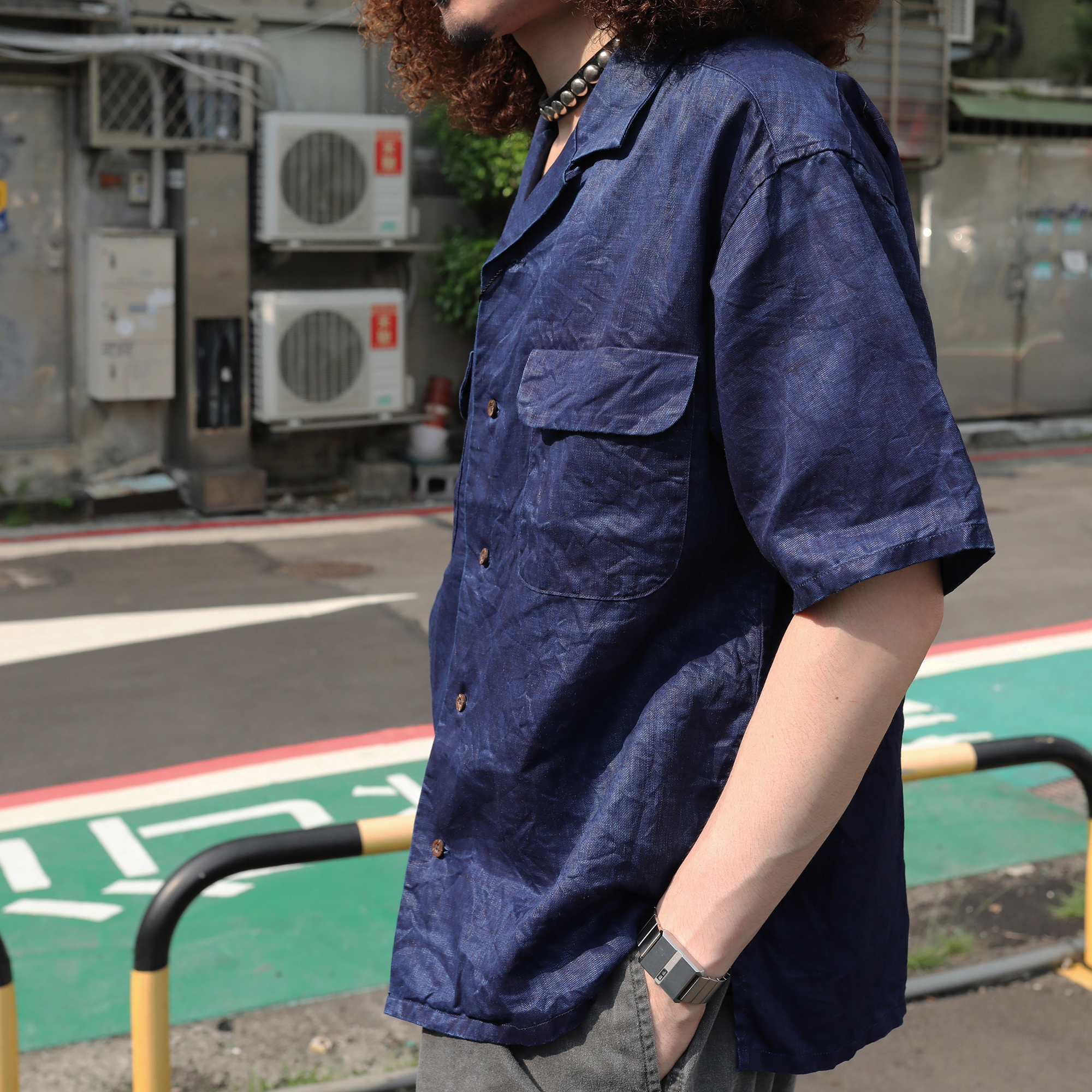 Nigel Cabourn - Open Collar Shirt / Linen (Indigo)