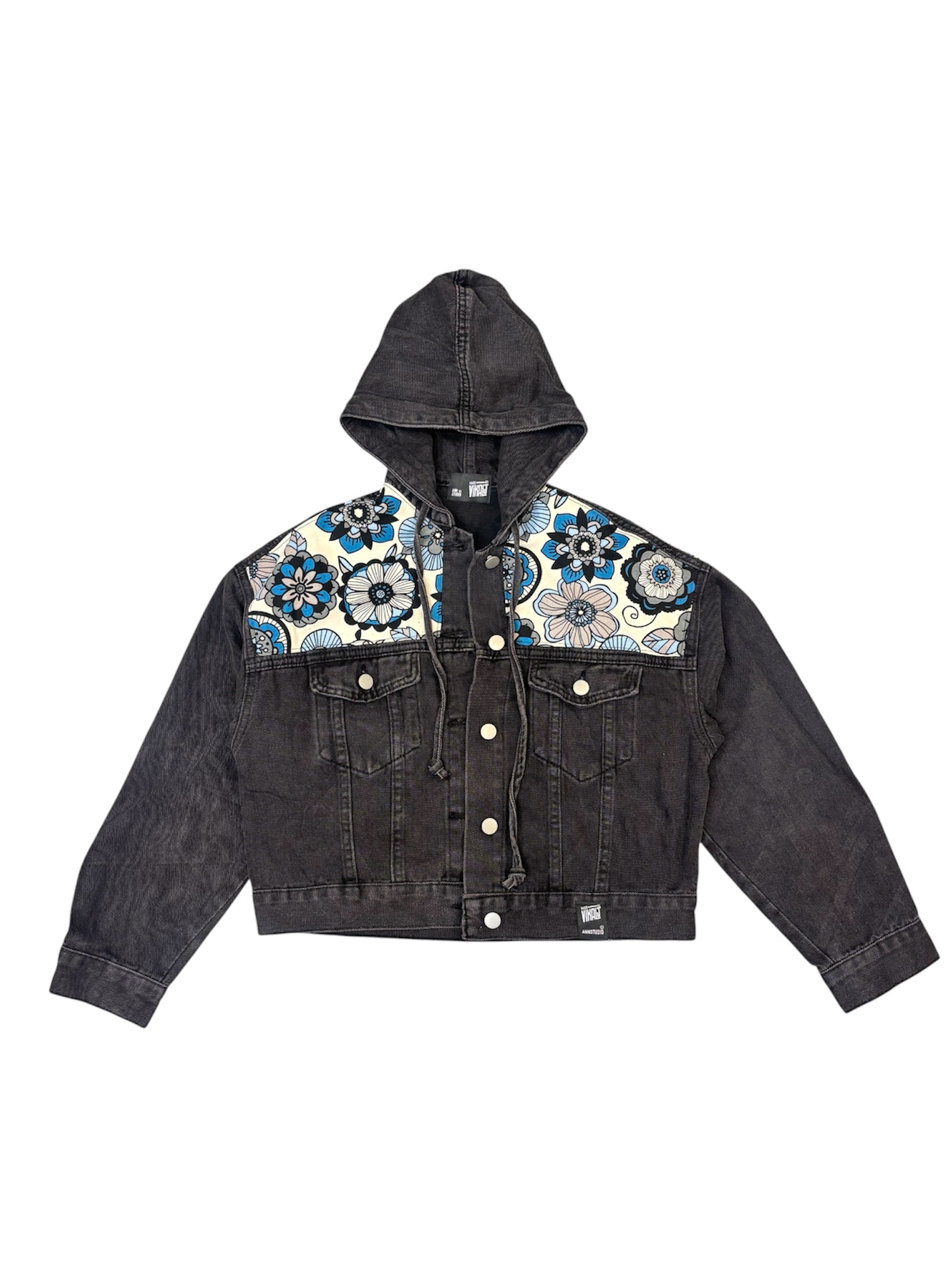 Annstudio / 圖騰布連帽短外套（黑色、藍花圖騰）