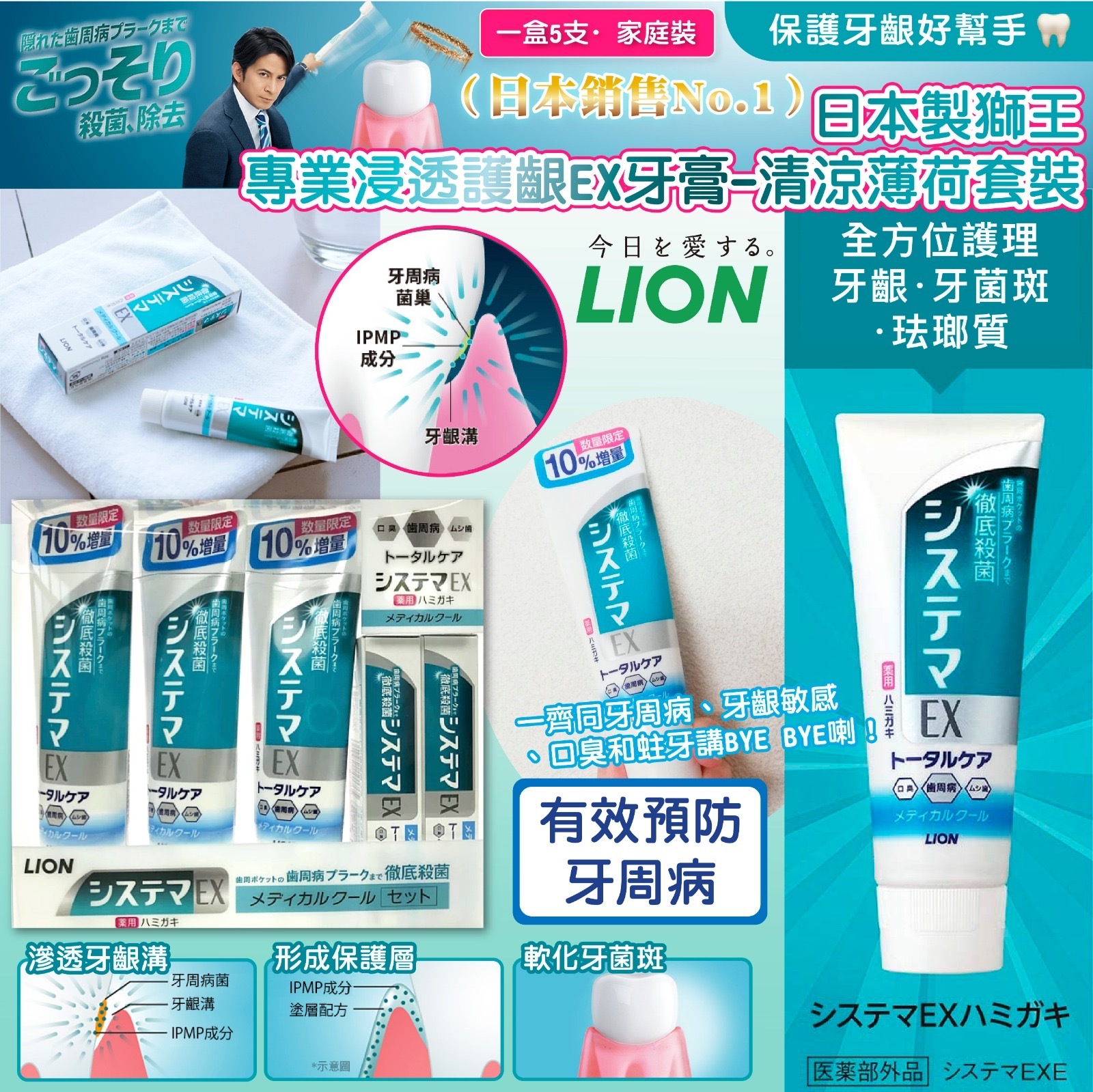 日本製獅王 專業浸透護齦EX牙膏-清涼薄荷套裝