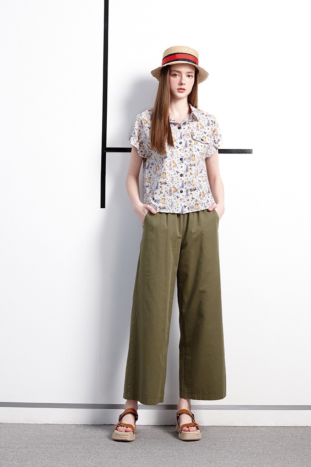 休閒渡假風純色百搭質感棉修身闊腿長褲W6131