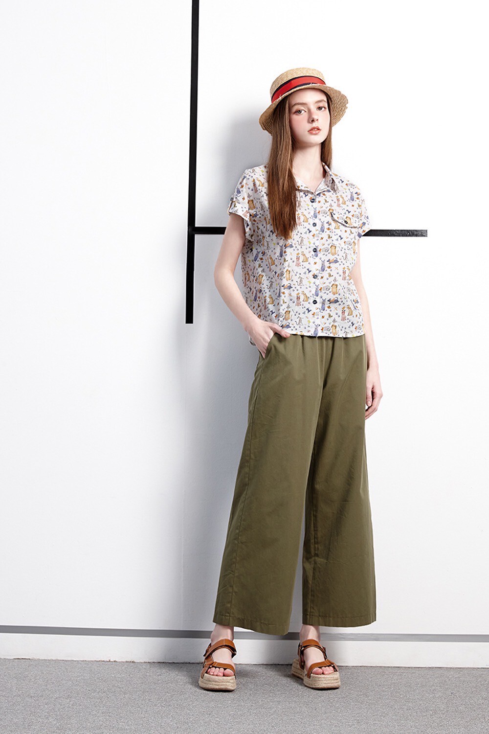 休閒渡假風純色百搭質感棉修身闊腿長褲W6131