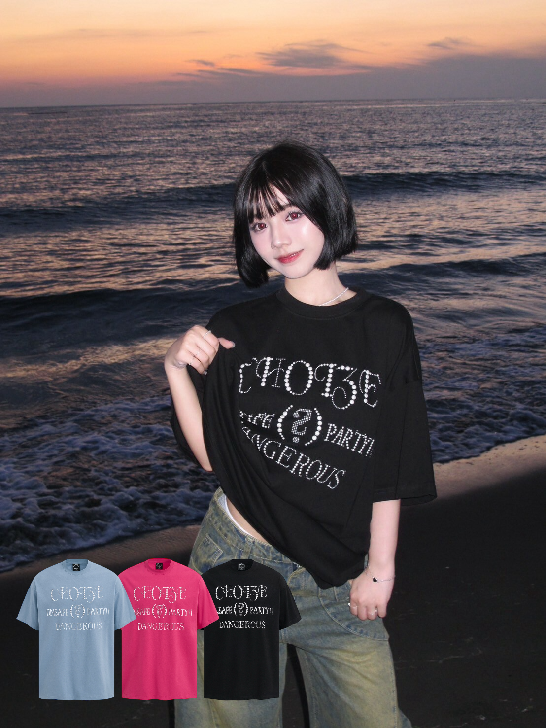 （GOAL）Choize 復古 美式 重磅 寬鬆 熱壓 工藝 珍珠 上衣 短T F5389