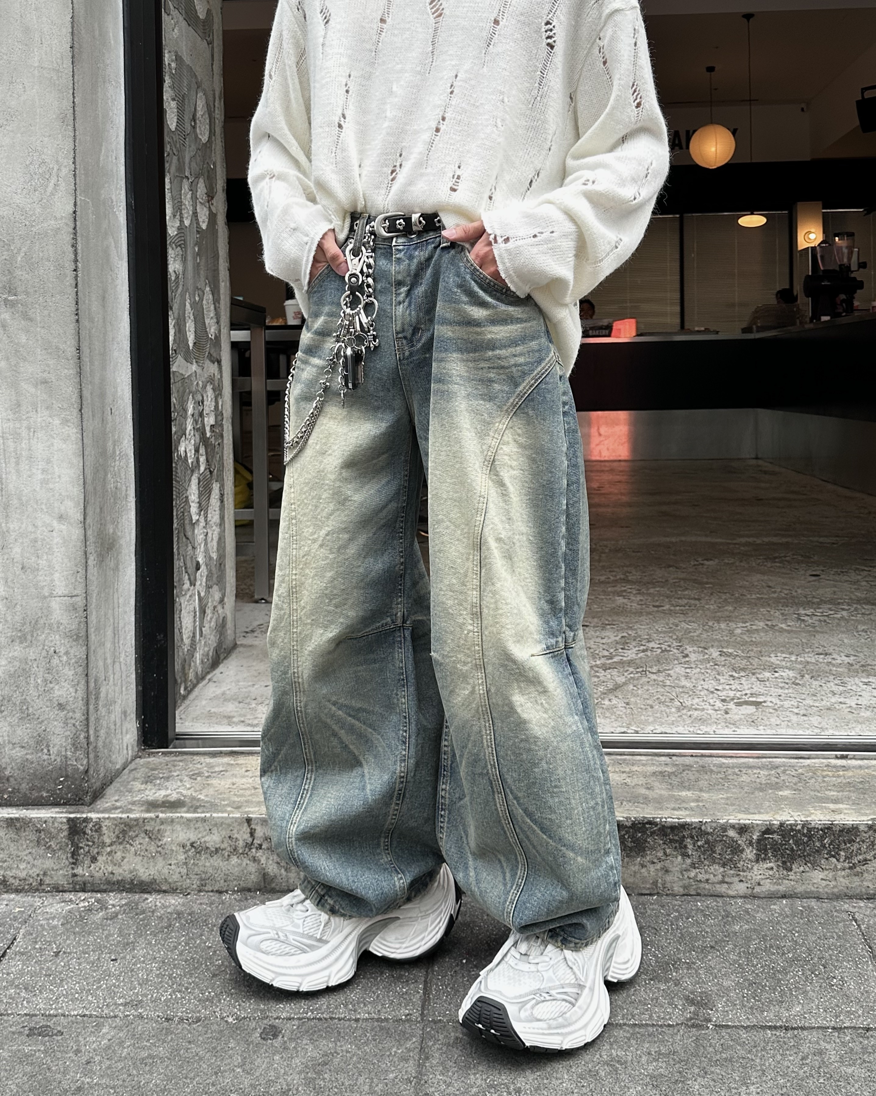 𝐇·𝐓·𝐒 韓國 沼澤曲線 抓痕 弧線造型 水洗 復古 寬鬆 牛仔褲 長褲