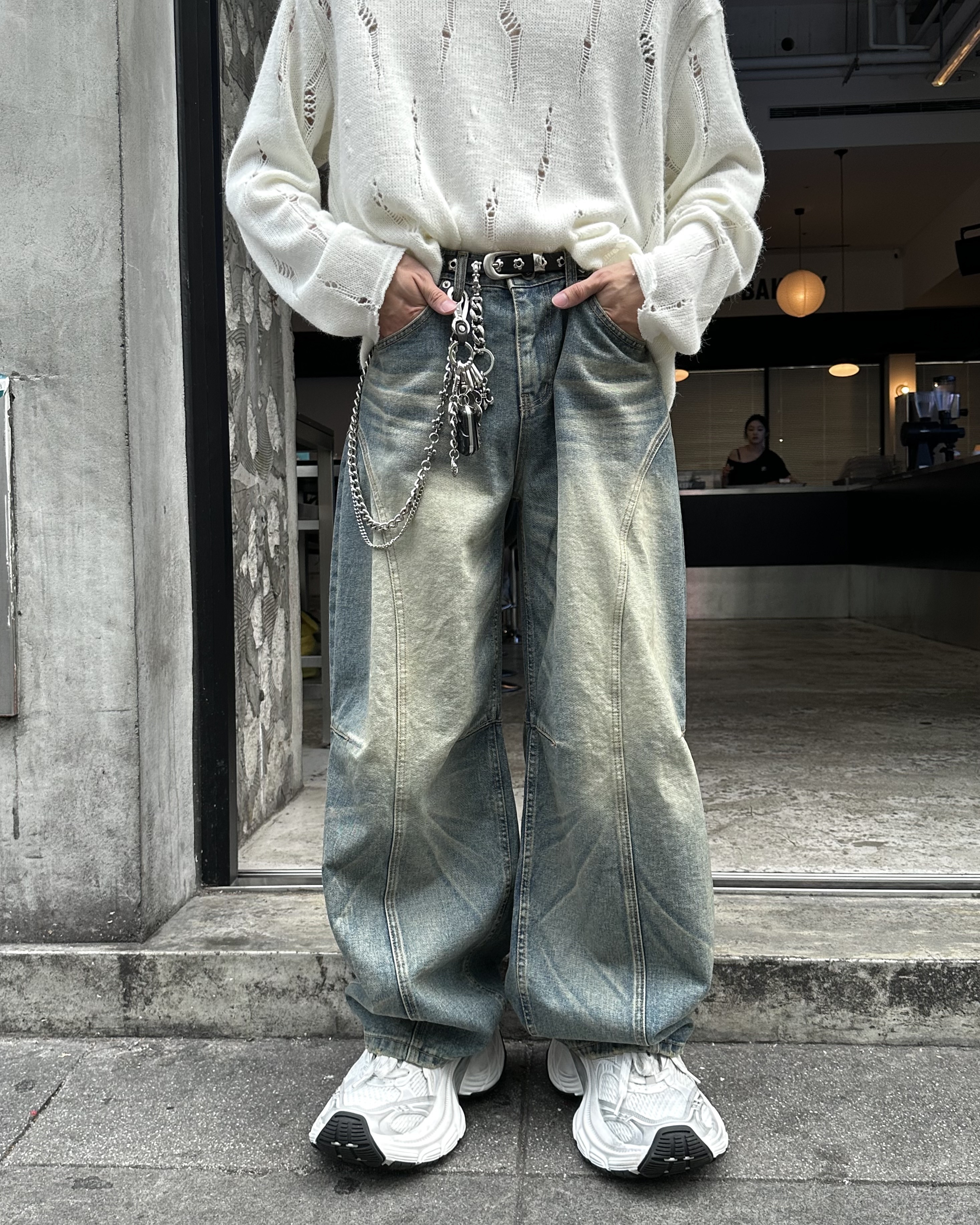 𝐇·𝐓·𝐒 韓國 沼澤曲線 抓痕 弧線造型 水洗 復古 寬鬆 牛仔褲 長褲