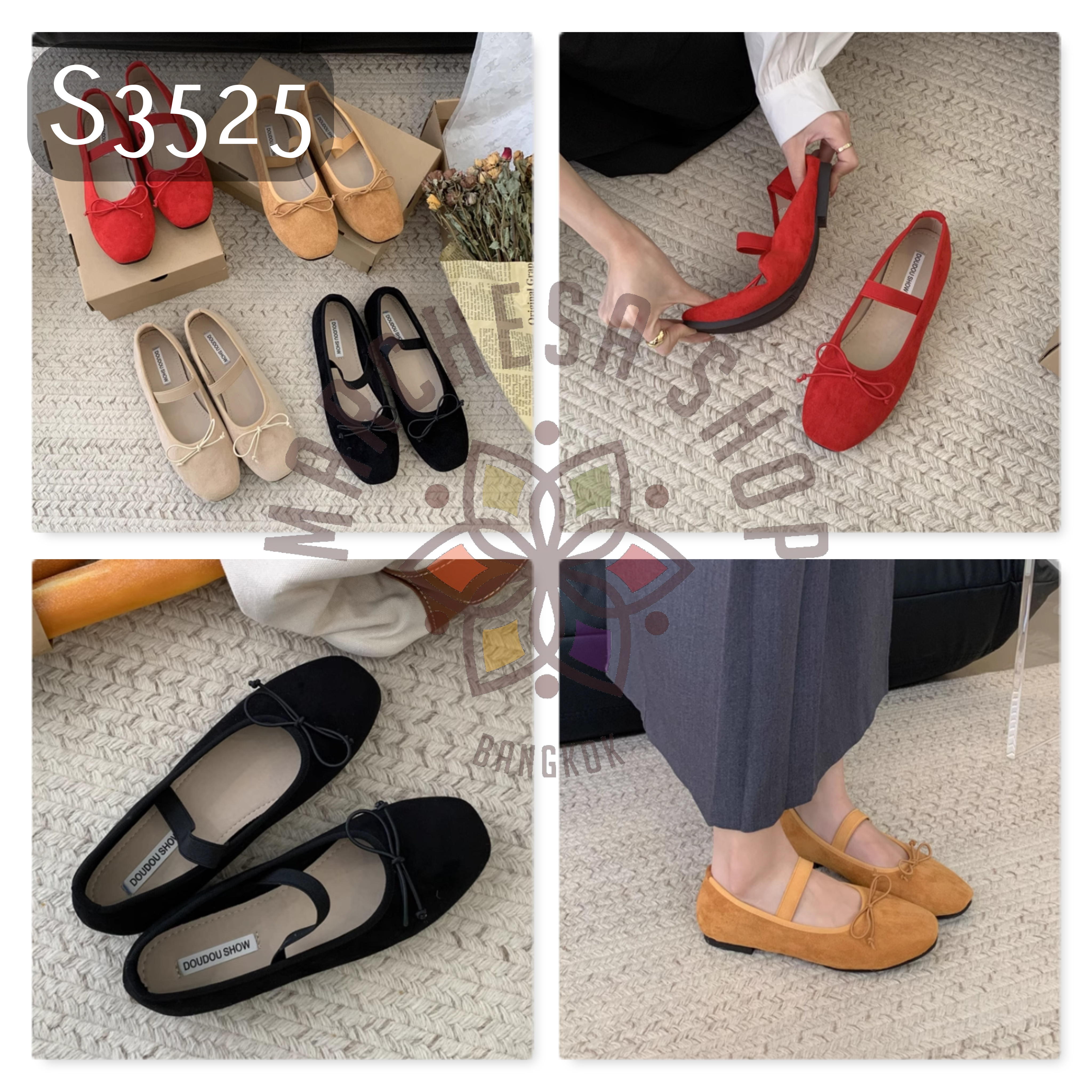 S3525 - 羊猄皮蝴蝶結彈力帶圓頭平底鞋