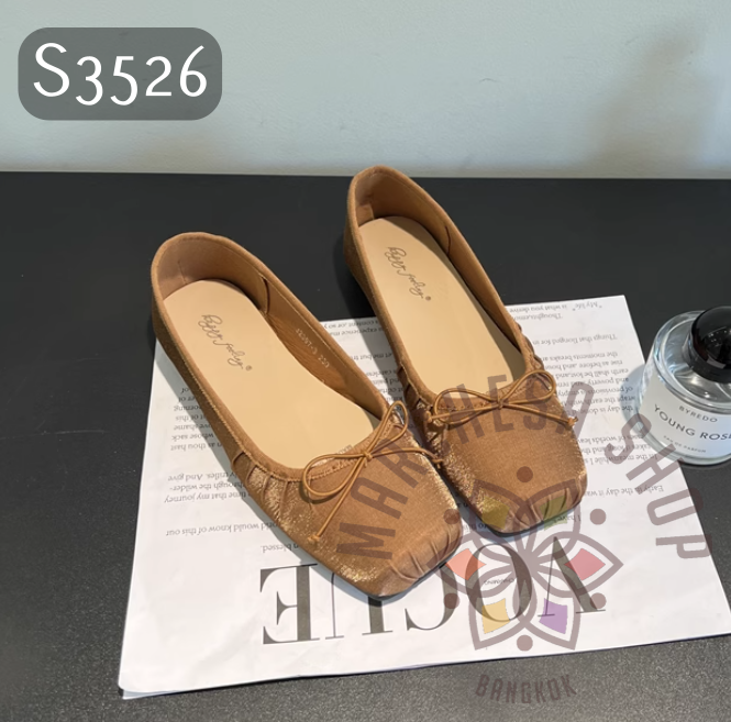 S3526 - 羊皮羊皮絲絨皺摺方頭平底鞋