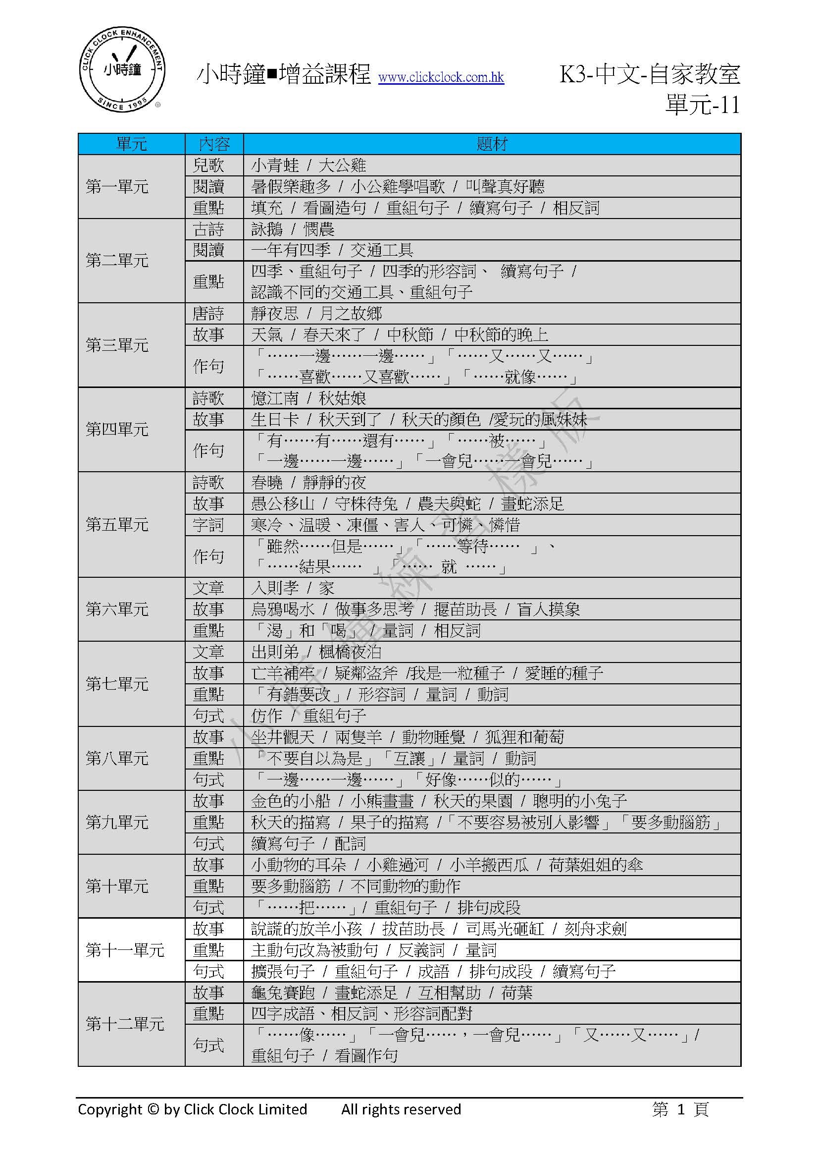 (K3C)  自家教室 中文 K3 第十一單元