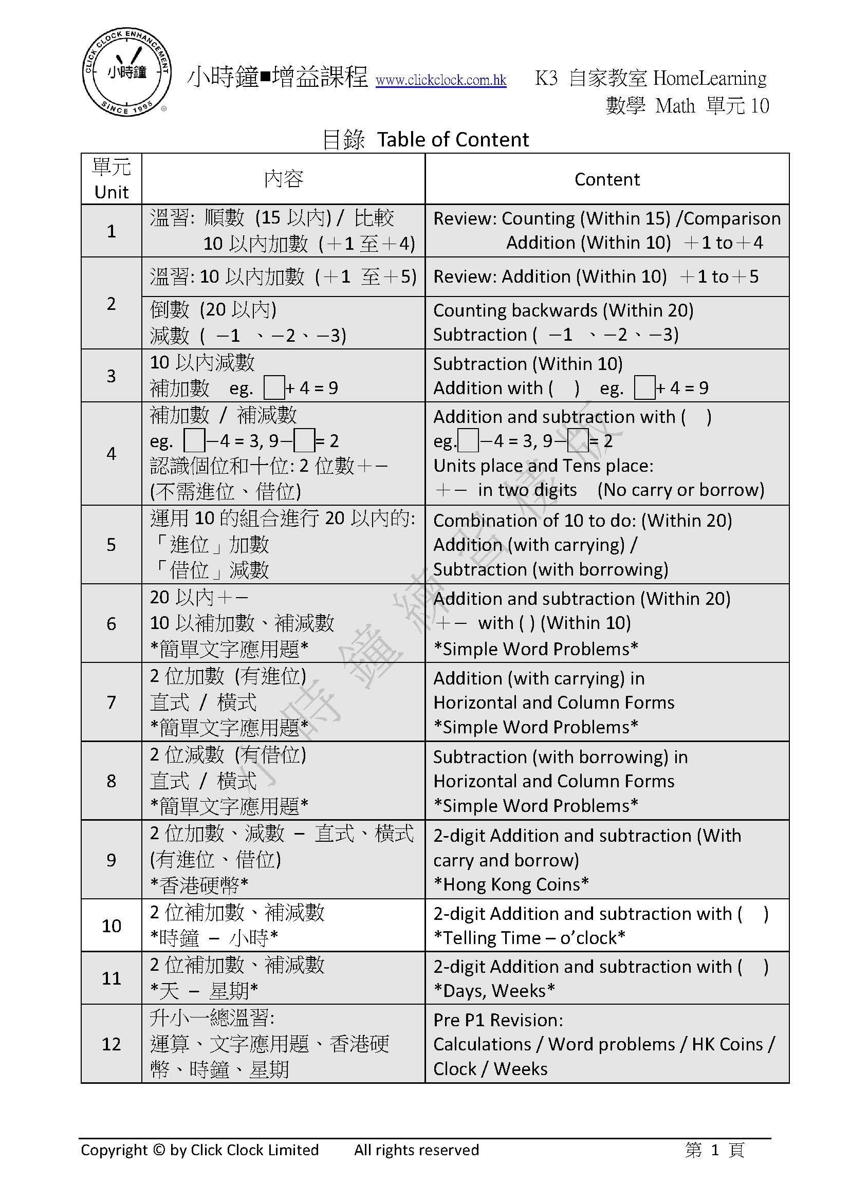 (K3M)  自家教室 數學 K3 第十單元