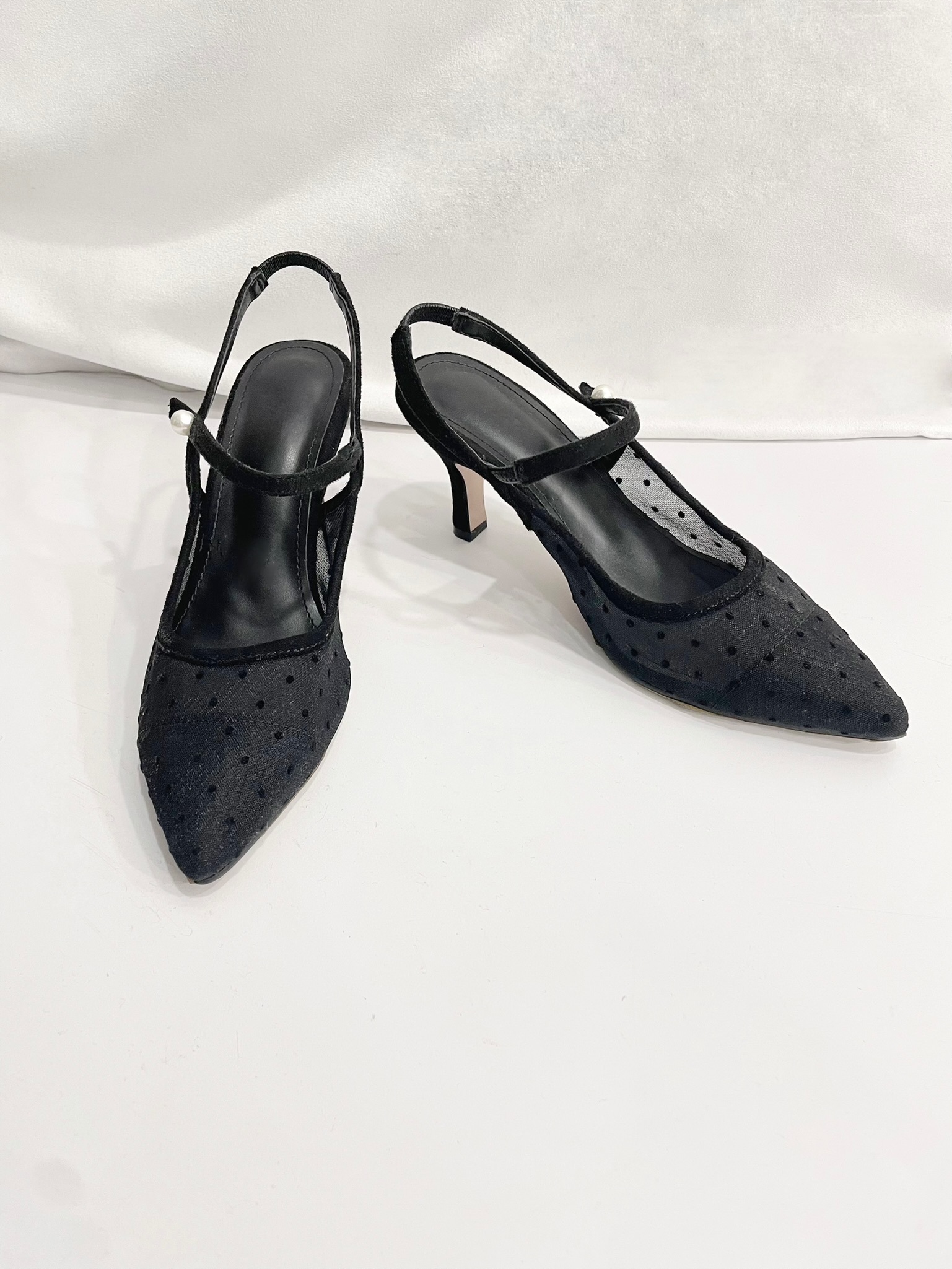 尖頭透紗點點珍珠繫帶高跟鞋