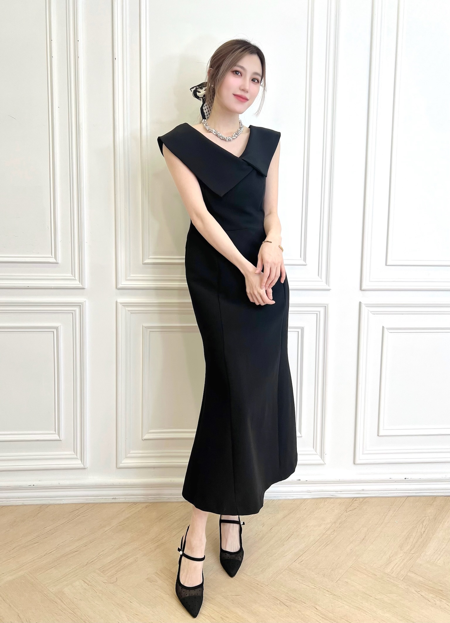 尖頭透紗點點珍珠繫帶高跟鞋