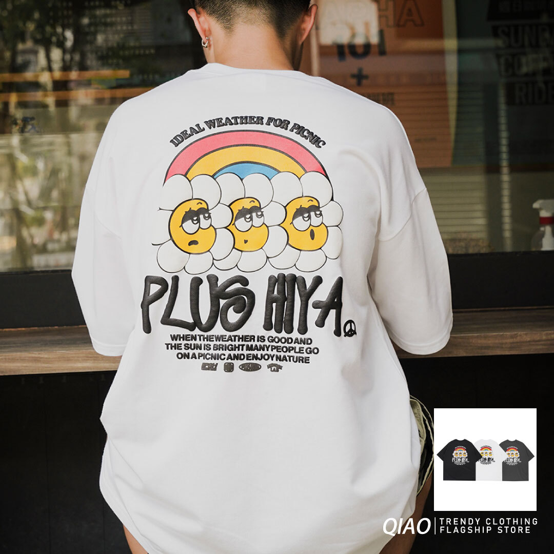 QIAO - 校草日常 彩虹花花 立體印花短Tee