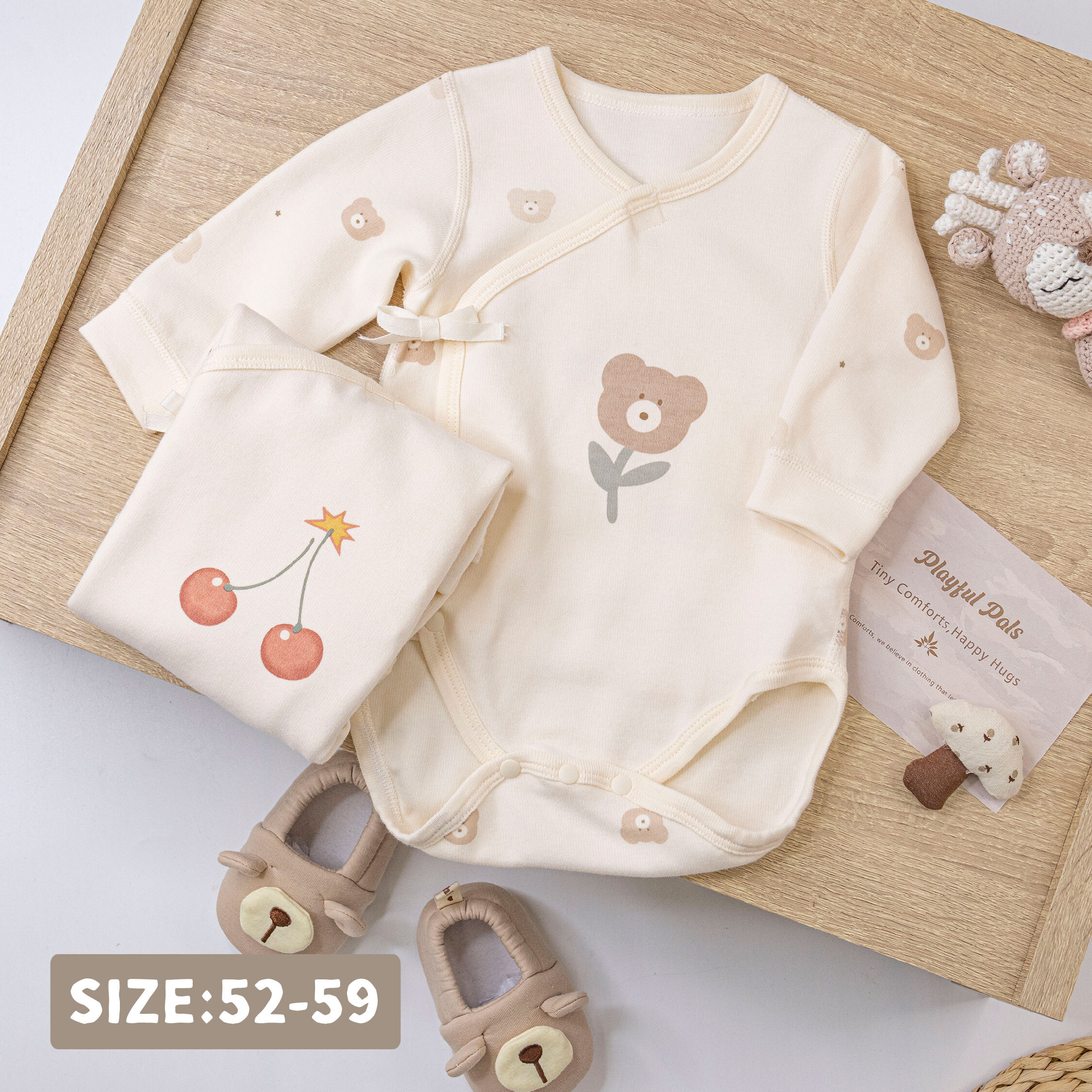 純淨系列【T3057】花朵熊與櫻桃親膚長袖包屁衣＊二色