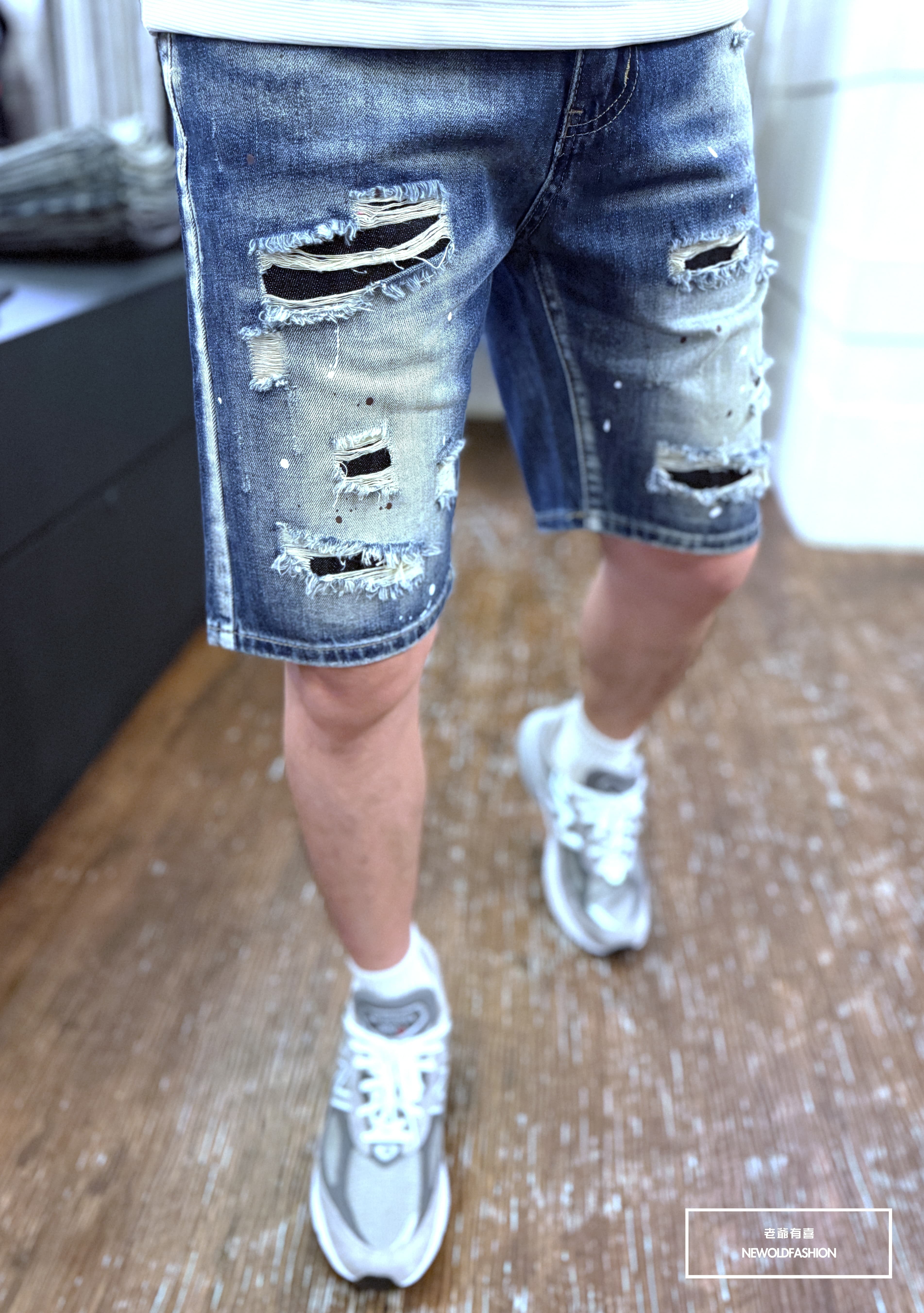 『新品上市』重磅圓點潑漆補丁牛仔短褲(NOF2505220)