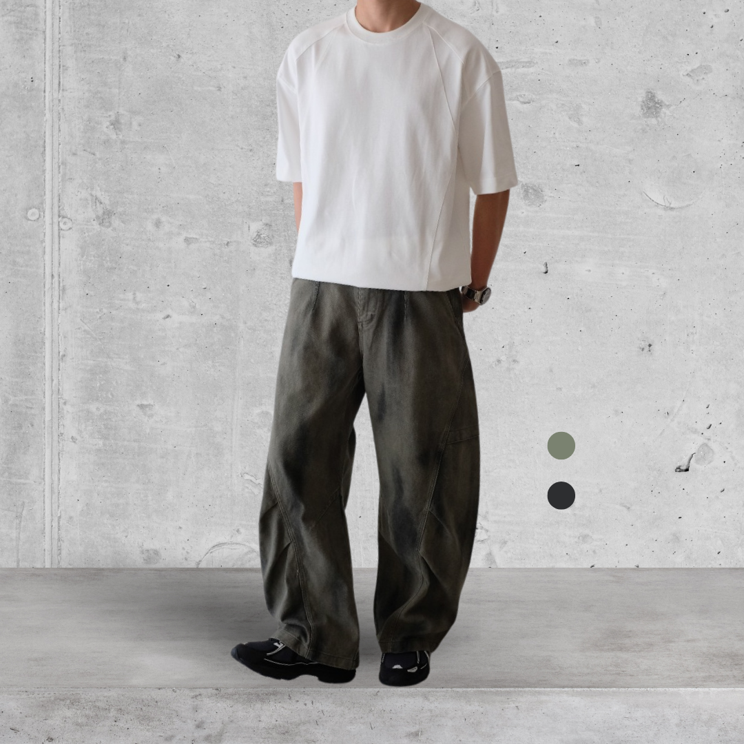 （現貨）WP062 復古 水洗漸變 切割拼接 闊腿 長褲