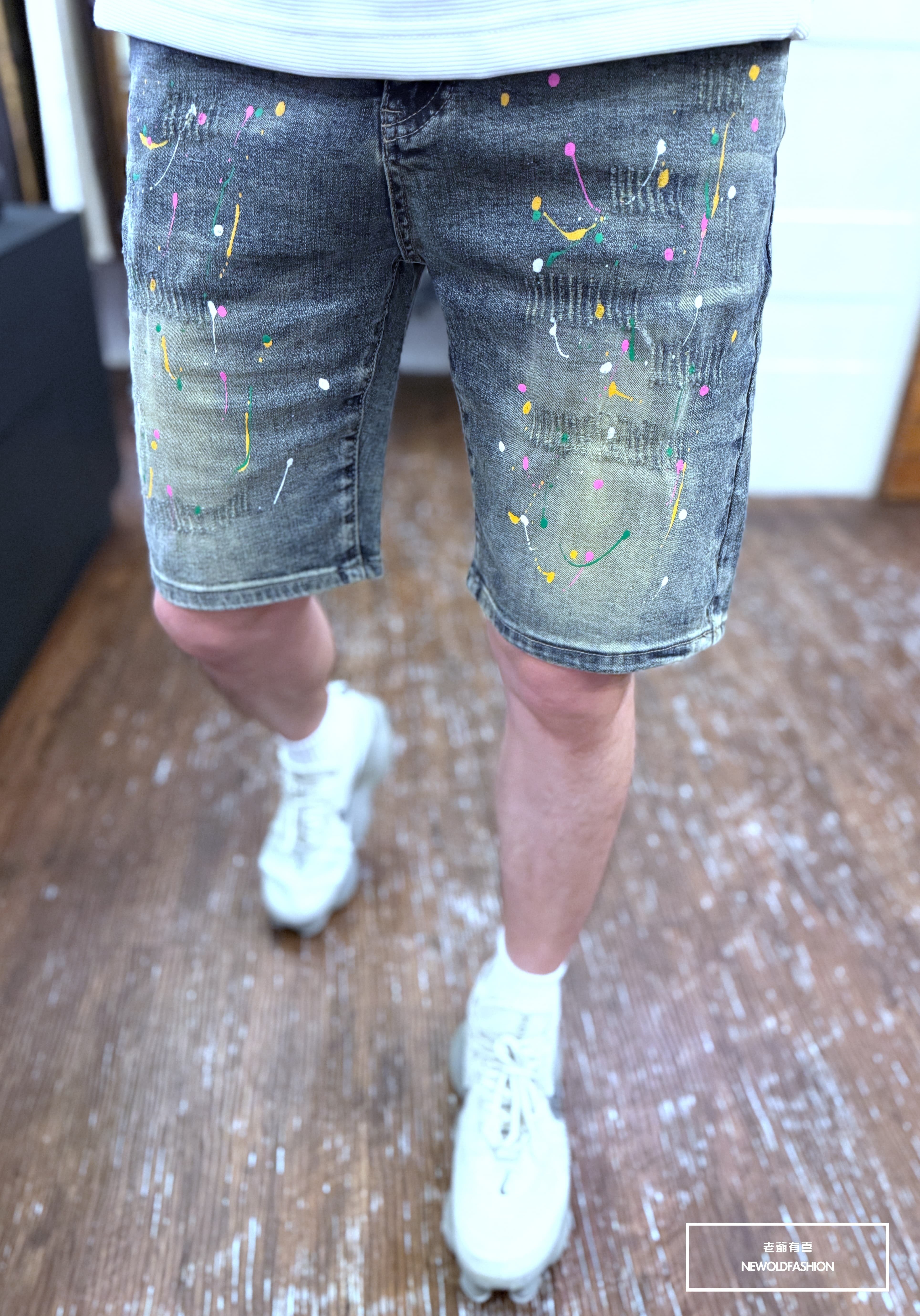 『新品上市』重磅七彩噴漆抓痕牛仔短褲(NOF25052051)