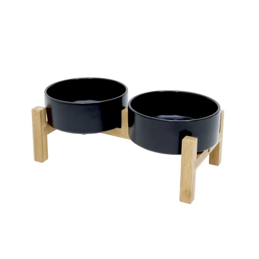 DAH - 陶瓷餵食/水碗連高腳竹木碗架