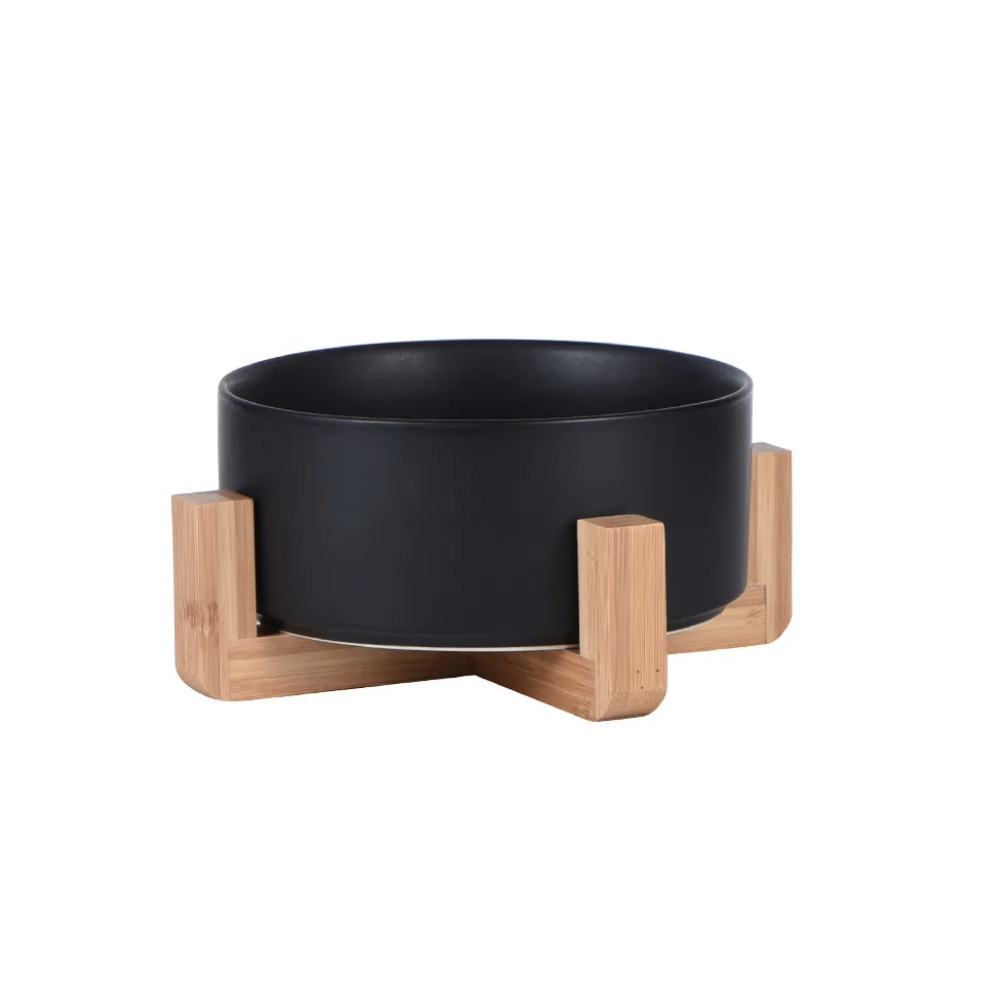 DAH - 黑色陶瓷餵食/水碗連竹木碗架