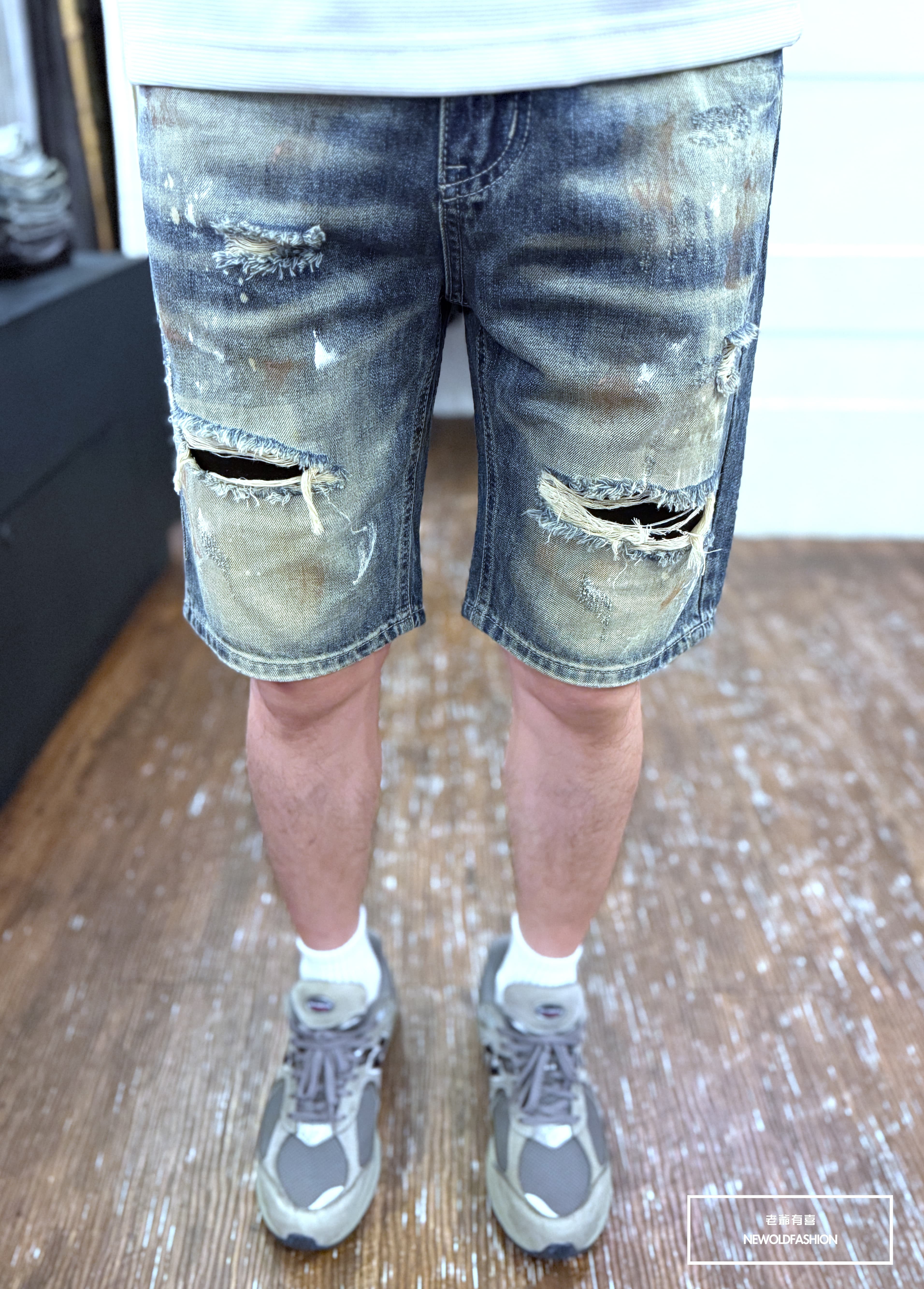 『新品上市』重磅復古潑墨補丁牛仔短褲(NOF25052025)