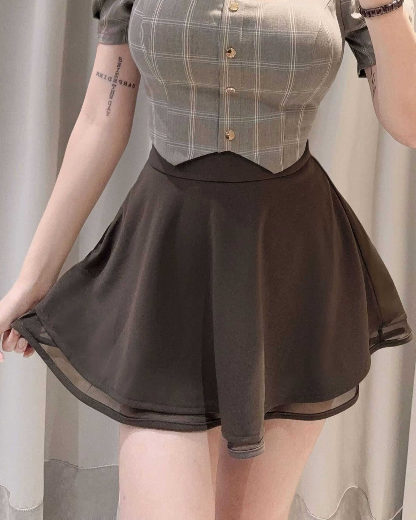 訂製-休閒雙層網紗傘襬褲裙