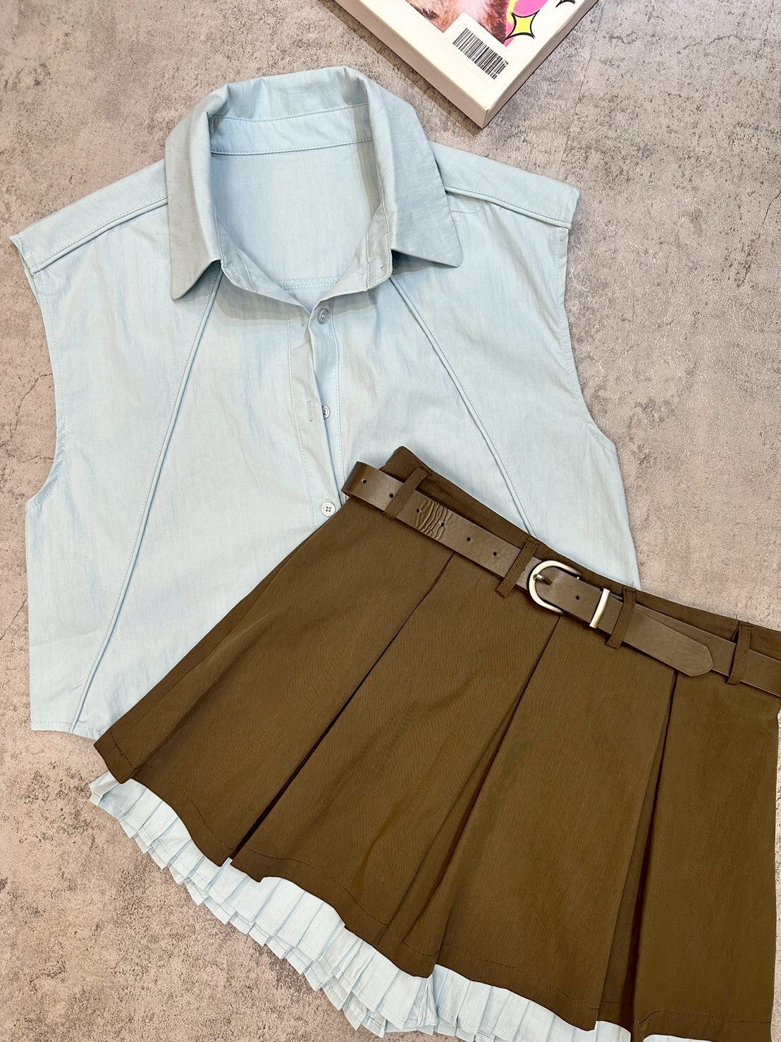 撞色襯衫短裙套裝*附皮帶