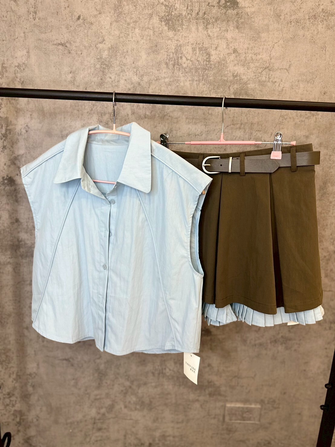 撞色襯衫短裙套裝*附皮帶