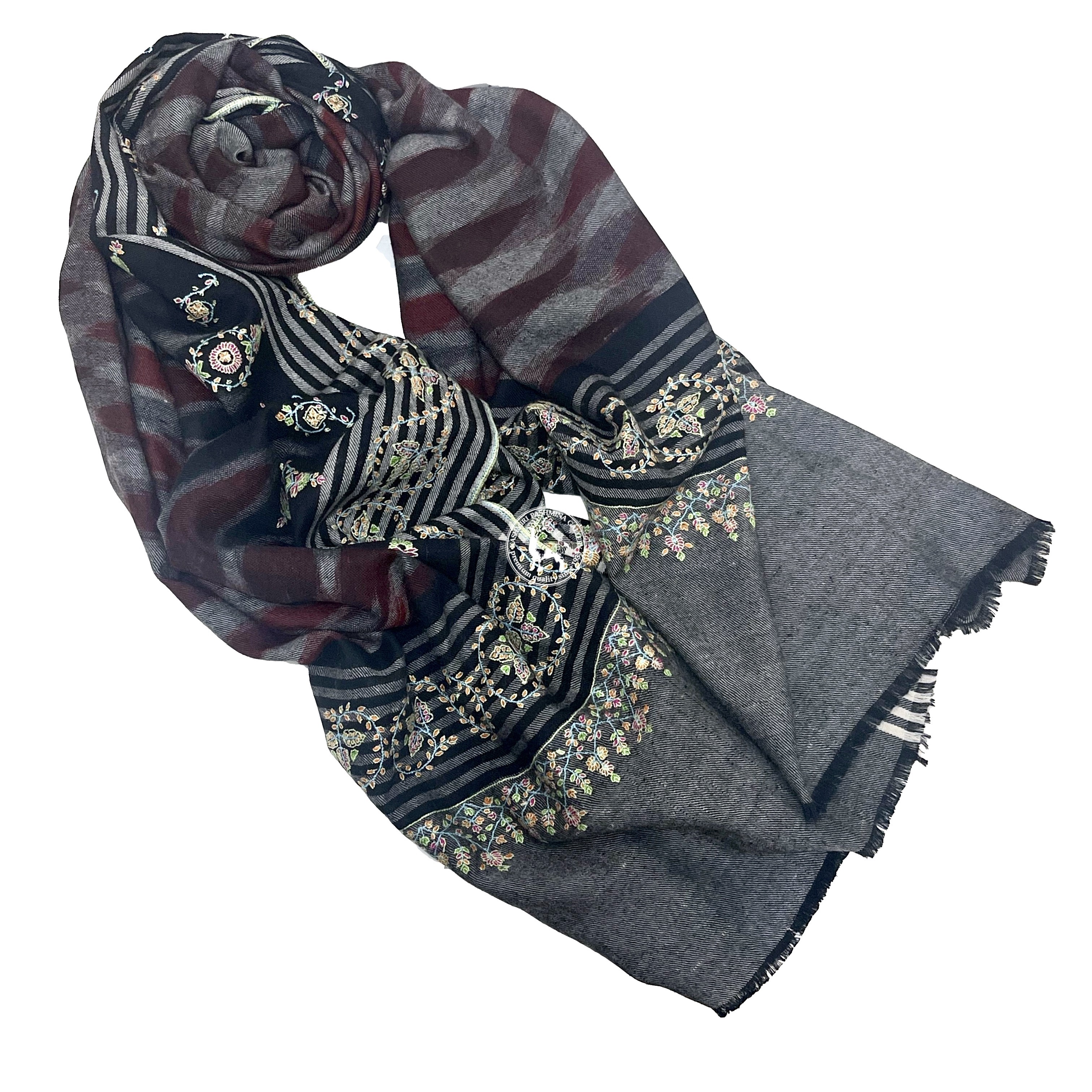 紅灰黑卡尼菱形圖案索茲尼刺繡羊絨圍巾