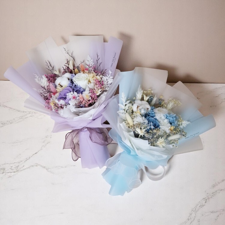 淺藍色淺紫色永生花束,preserved flower bouquet