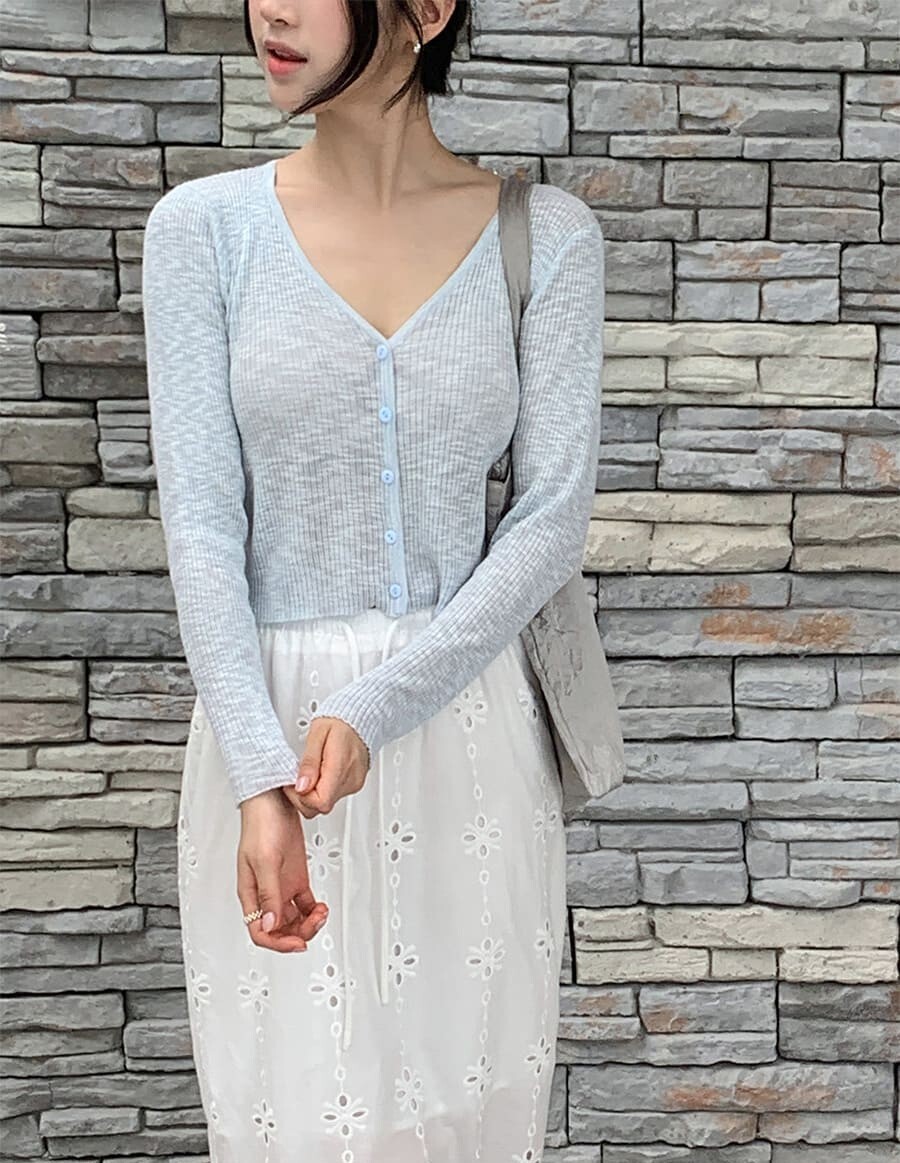 韓國Cherrykoko授權 溫和柔嫩修身短版薄針織排釦衫