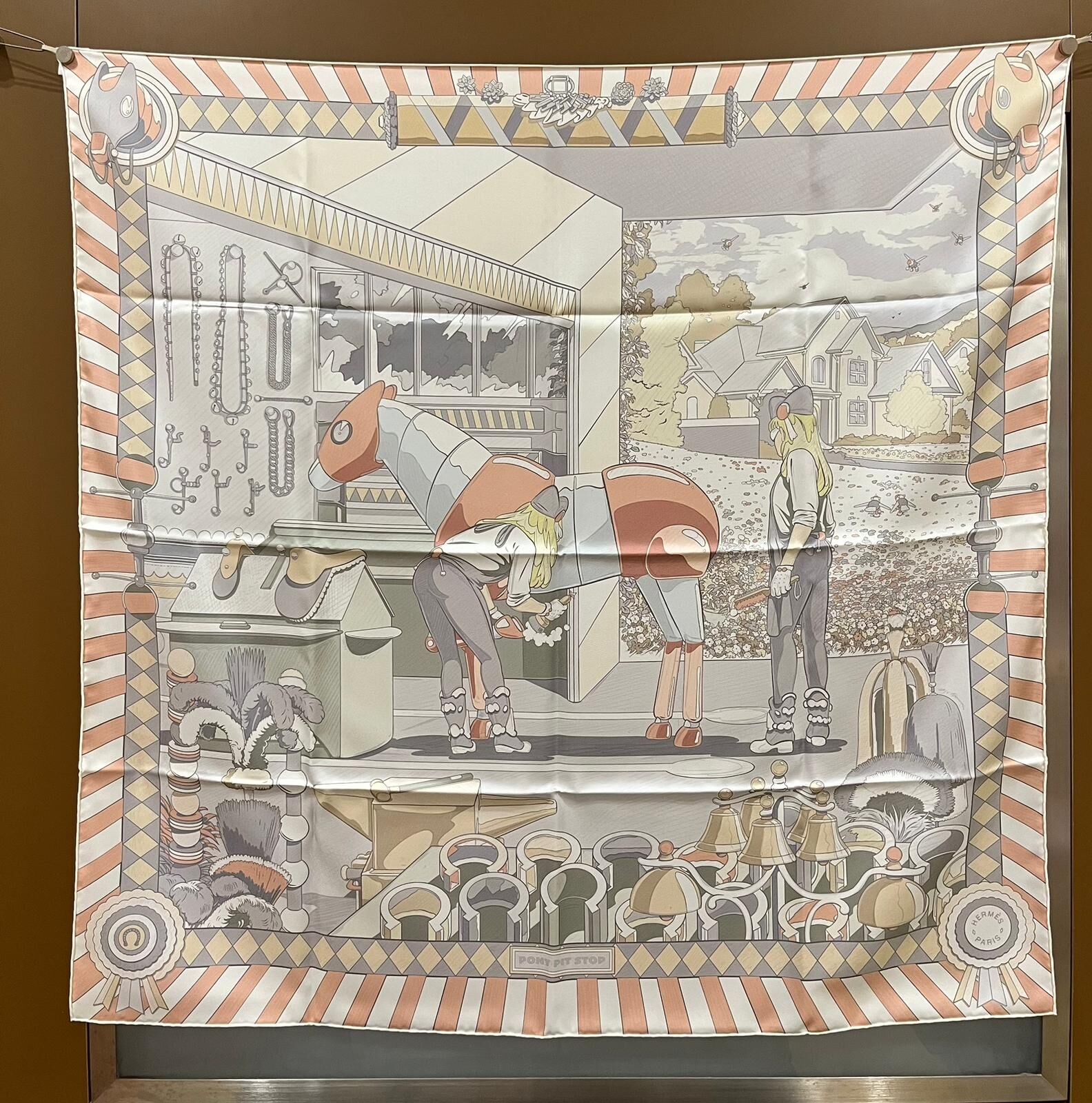 Pony pit stop double face scarf 100%soie 90x90cm Rose poudre/gris/blanc